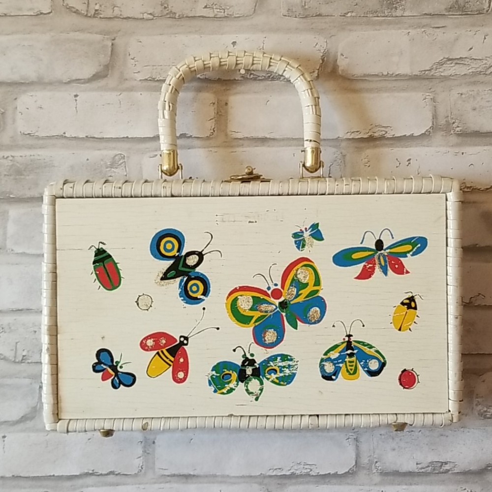 Vintage wood panel purse wicker look
